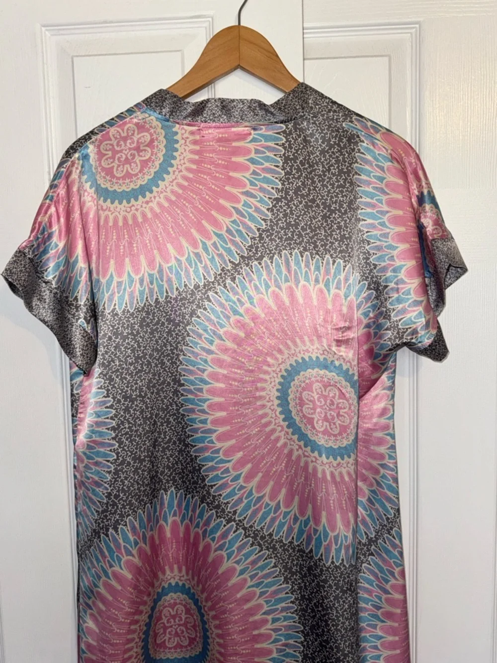 Rainy Night Flower Silk Blend Tunic Dress Boho Print Pink Blue Size L